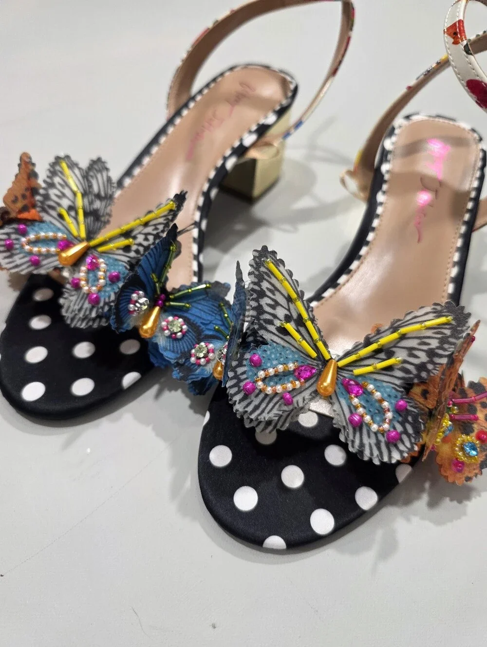 Betsey Johnson Black Polka Dot Sandals with Multicolor Butterfly Embellishments - Picture 3 of 13